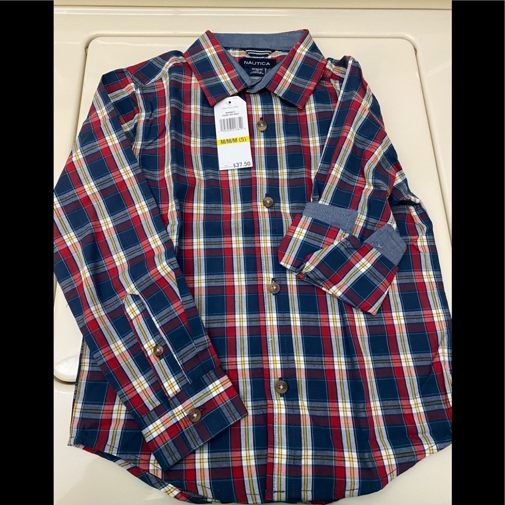 NAUTICA Boys Blue Plaid Button Up Shirt size 5 NWT